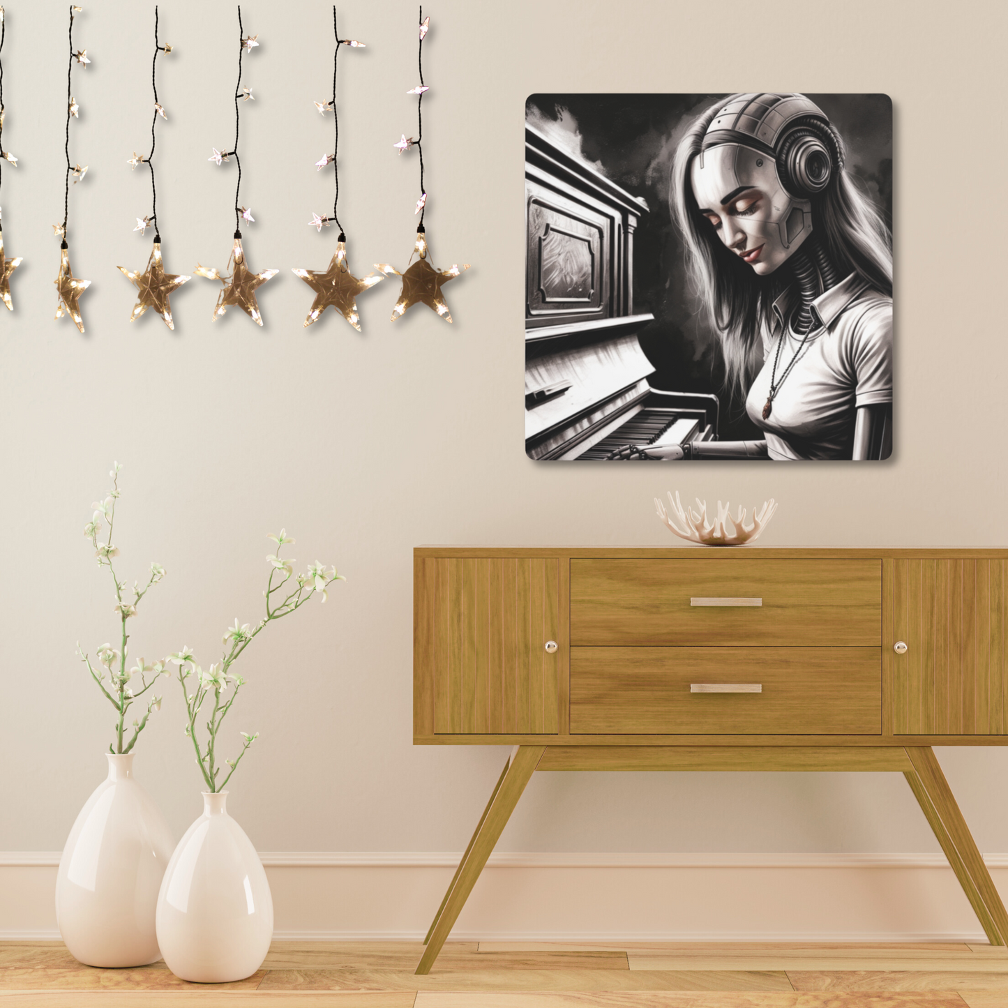 Metal Wall Art - "Cybernetic Sonata" with Retro-Futuristic Robot Playing Piano