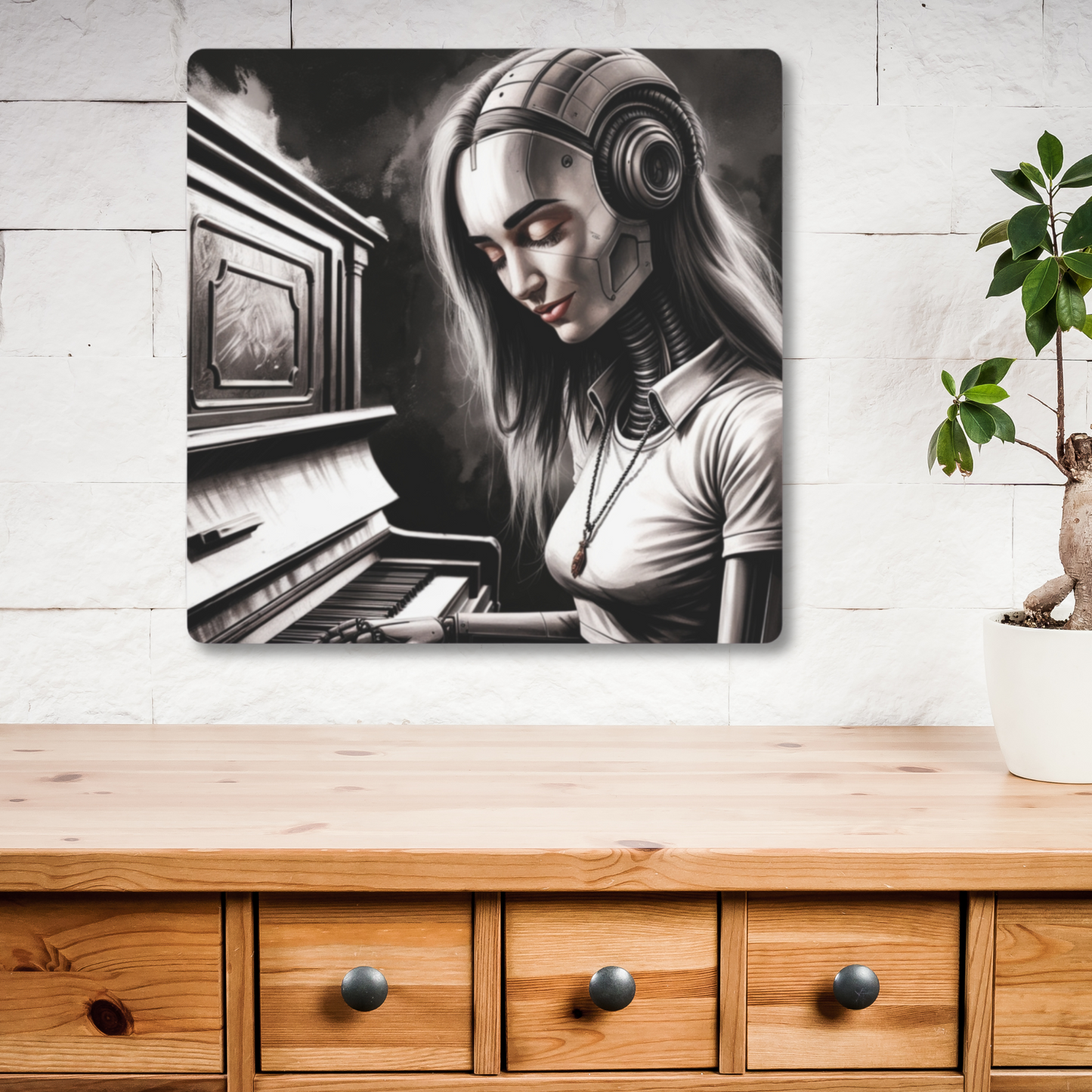 Metal Wall Art - "Cybernetic Sonata" with Retro-Futuristic Robot Playing Piano