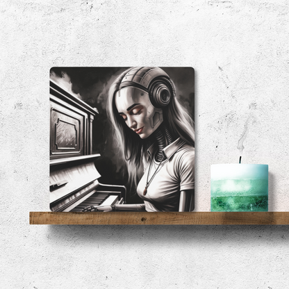 Metal Wall Art - "Cybernetic Sonata" with Retro-Futuristic Robot Playing Piano