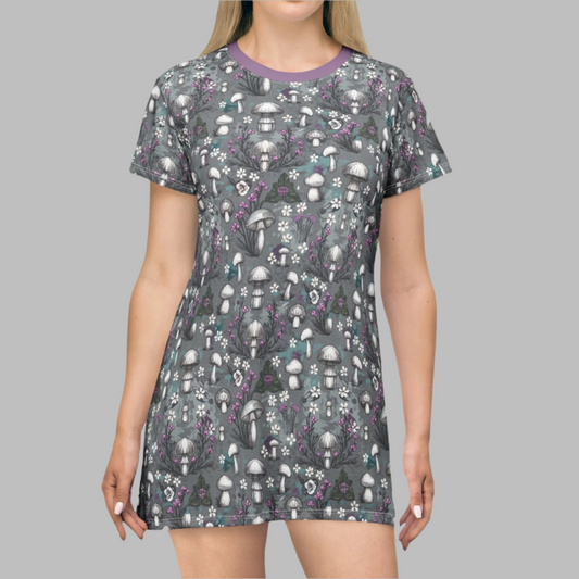 Tunic T-Shirt Dress - Woodland Mushrooms & Purple Florals, Cottagecore Vibes