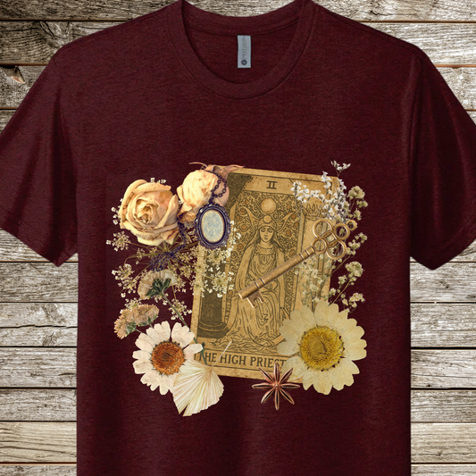 Mystical Boho Floral T-Shirt with High Priestess and Antique Ephemera