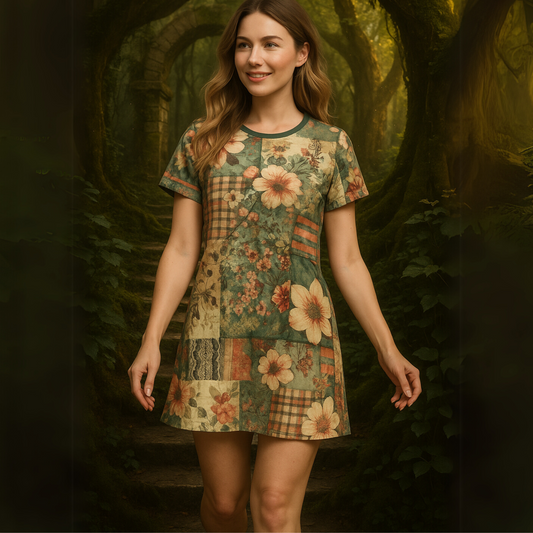 Victorian Inspired Fantasy Patchwork T-Shirt Dress with Cherry Blossoms