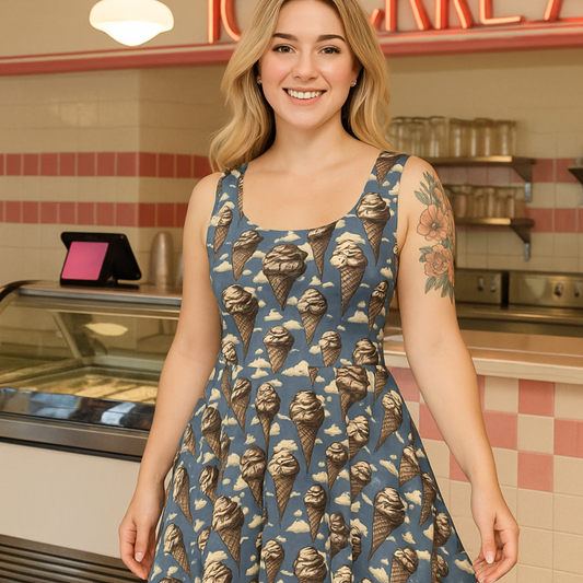 Retro Ice Cream Cone Skater Dress – Vintage Cloud Print Fit & Flare