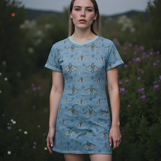 Moth & Moon T-Shirt Dress – Blue Celestial Sketch-Style Graphic Dress, Vintage-Inspired Night Sky Pattern
