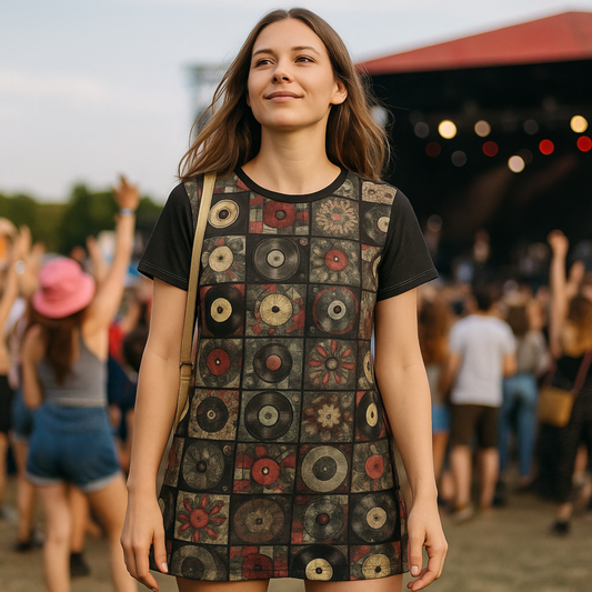 Retro Vinyl Patchwork T-Shirt Dress – Rose & Black Geometric Record Print