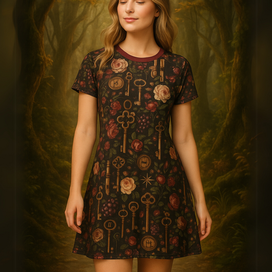 Secret Garden Keys T-Shirt Dress – Vintage Florals & Hidden Doorways, Dark Cottagecore Fashion