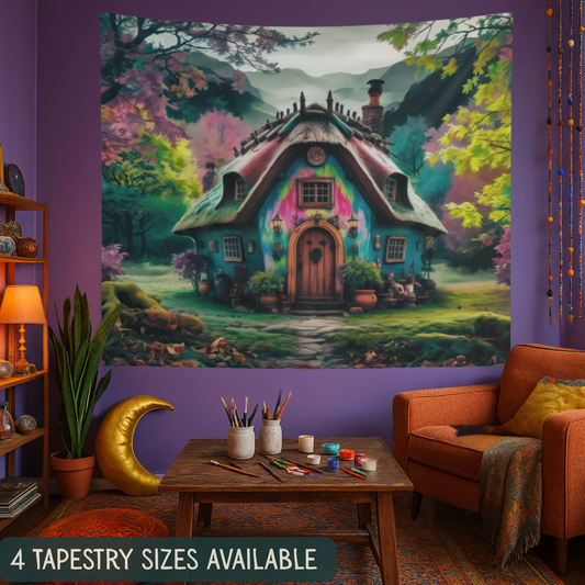 Whimsical Cottage Forest Tapestry – Mystical Wall Art