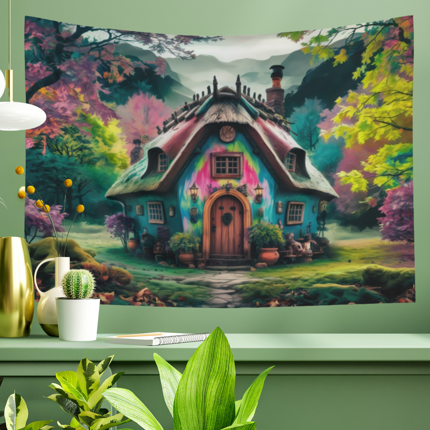 Whimsical Cottage Forest Tapestry – Mystical Wall Art
