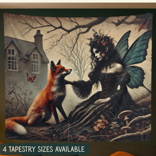 Dark Fairy & Fox Tapestry – Gothic Cottagecore Wall Art
