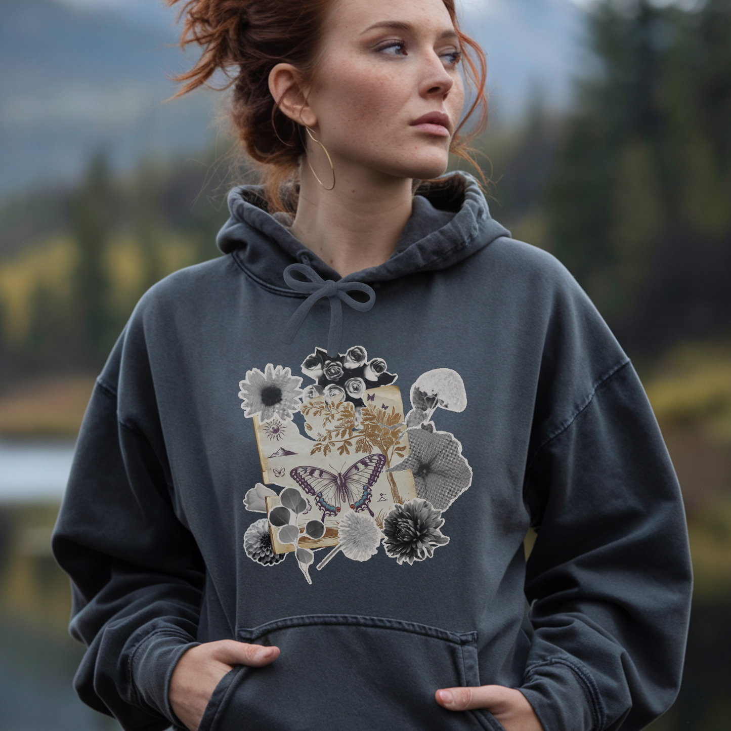 Butterfly Floral Collage Hoodie | Comfort Colors Pigment Dyed Hooded Shirt