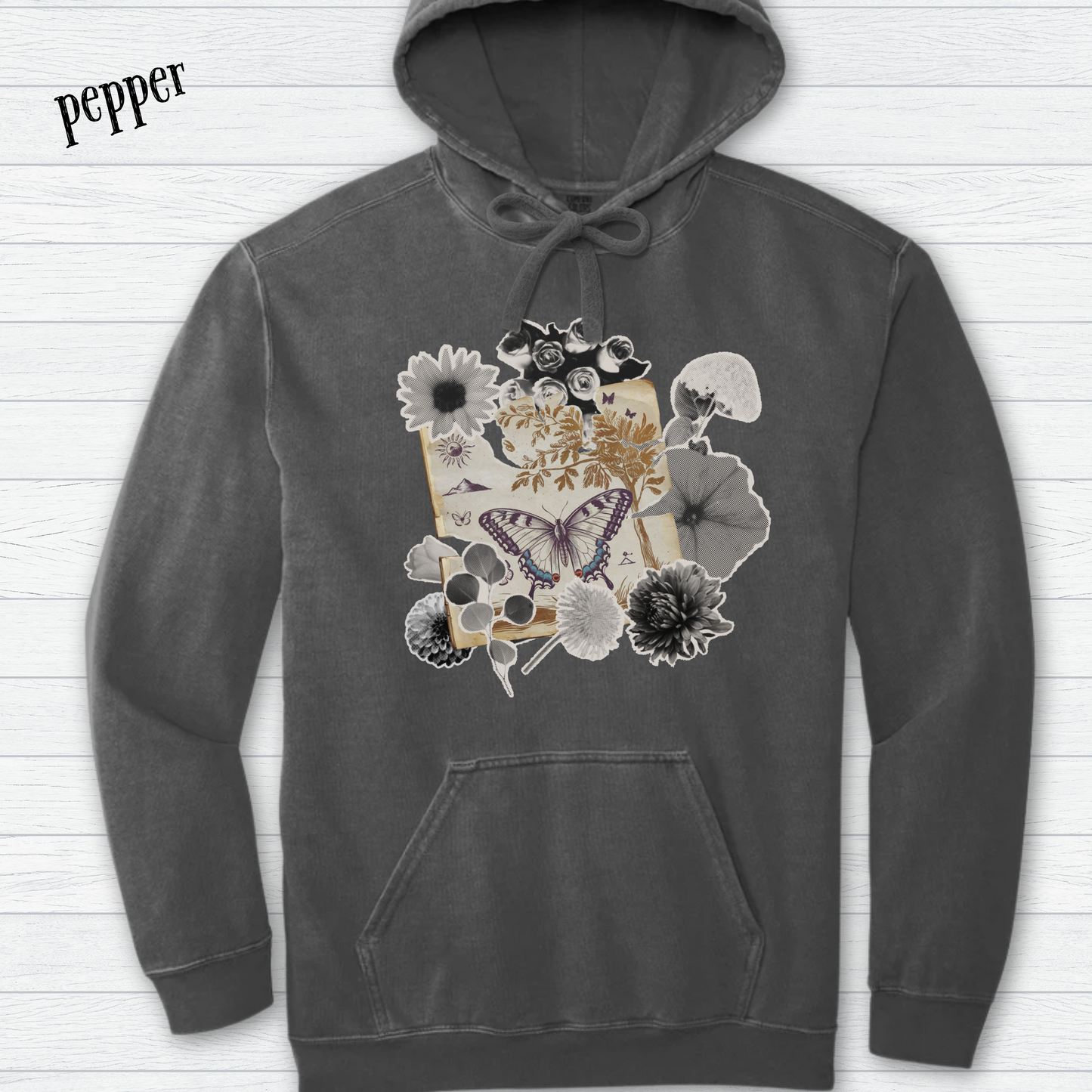 Butterfly Floral Collage Hoodie | Comfort Colors Pigment Dyed Hooded Shirt