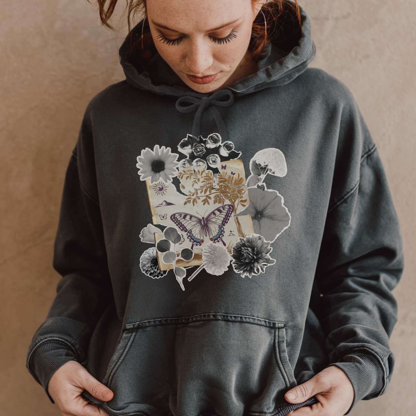 Butterfly Floral Collage Hoodie | Comfort Colors Pigment Dyed Hooded Shirt