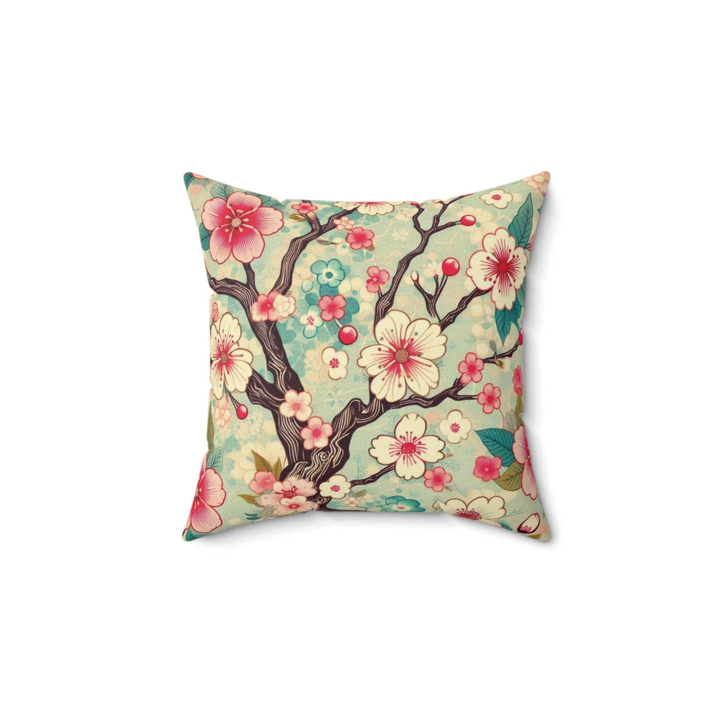 Retro Cherry Blossom Faux Suede Pillow - Bright Pink & Teal Decorative Throw Pillow - Soft Accent Pillow for Sofa, Bed, Lounge