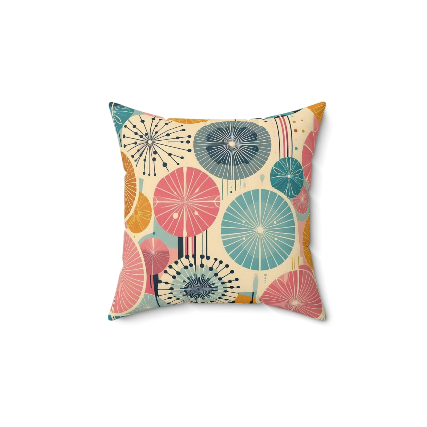 Retro 50s Dandelion Pattern Faux Suede Throw Pillow - Pink, Teal, & Navy - Soft Square Pillow for Kids Room, Living Room, Office