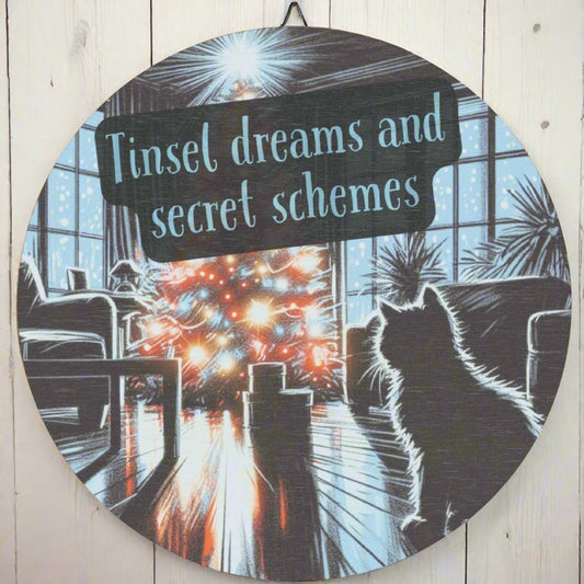 "Tinsel Dreams and Secret Schemes" Wooden Wall Sign - Christmas Cat with Tree - Festive Holiday Decor for Cat Lovers - Rustic Christmas Sign