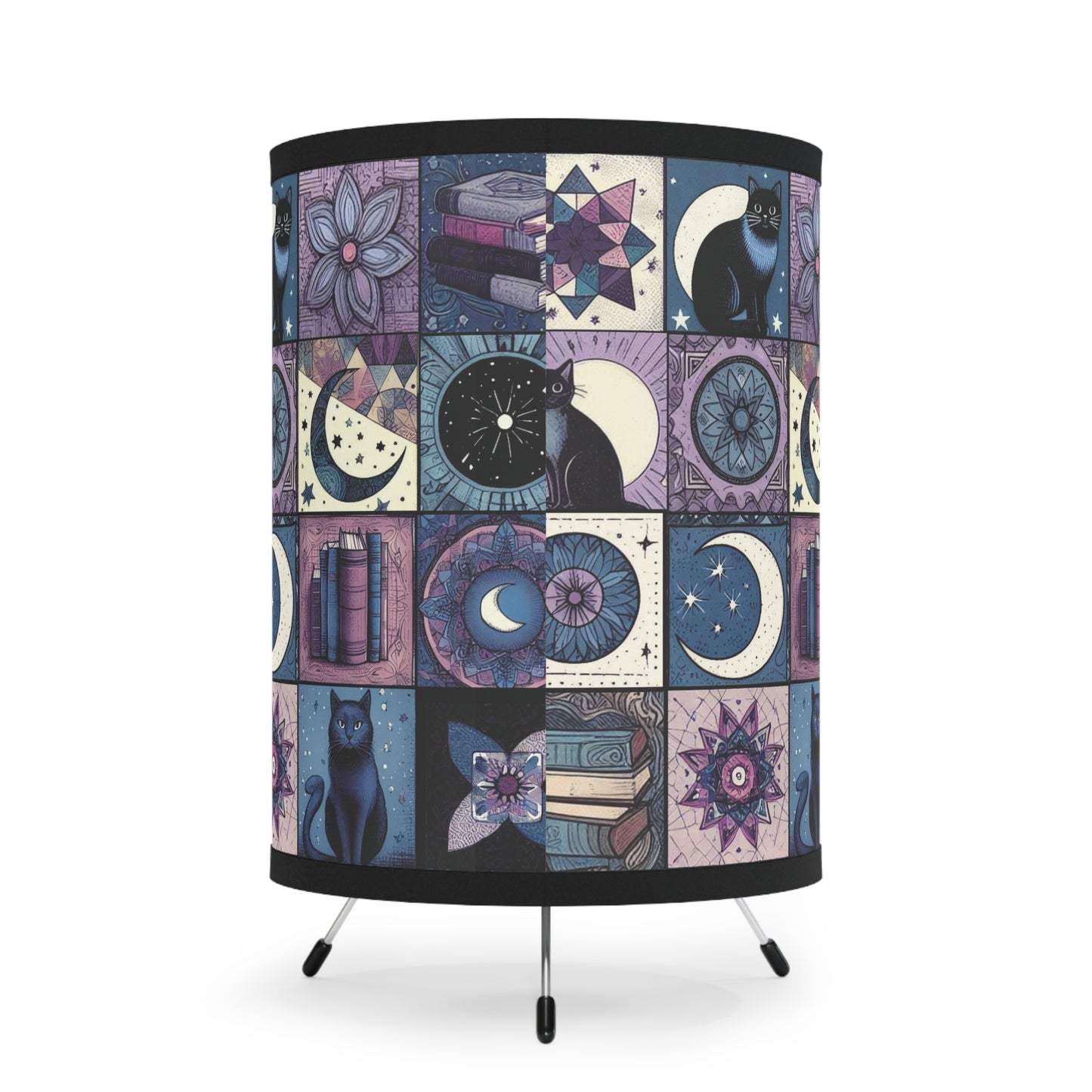 Tripod Table Lamp - Patchwork Cats, Books, & Moons