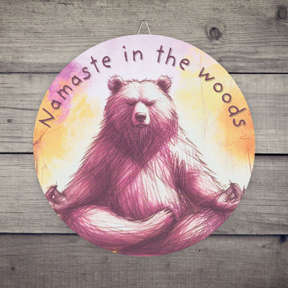 Whimsical Bear Meditation Wood Sign – 'Namaste in the Woods' Fall Forest Wall Art for Cozy Home Decor or Yoga Spaces