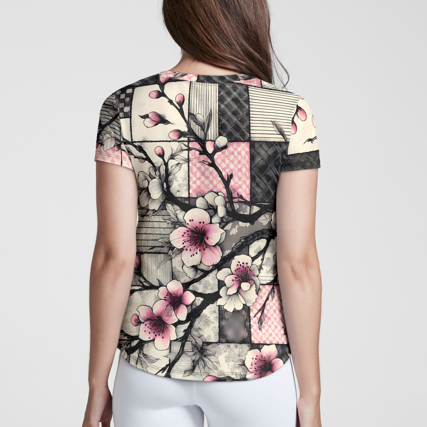 All-Over-Print Women's V-Neck T-Shirt - Cherry Blossoms Over Patchwork, Pink & Gray Vibrant Spring Design