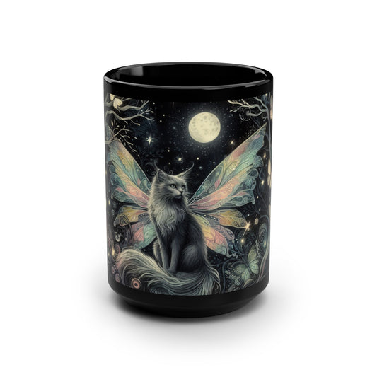 Fairy Cat Mug, Mystical Moonlit Night with Rainbow Wings, 15oz Black Ceramic Coffee or Tea Cup for Fantasy and Cat Lovers