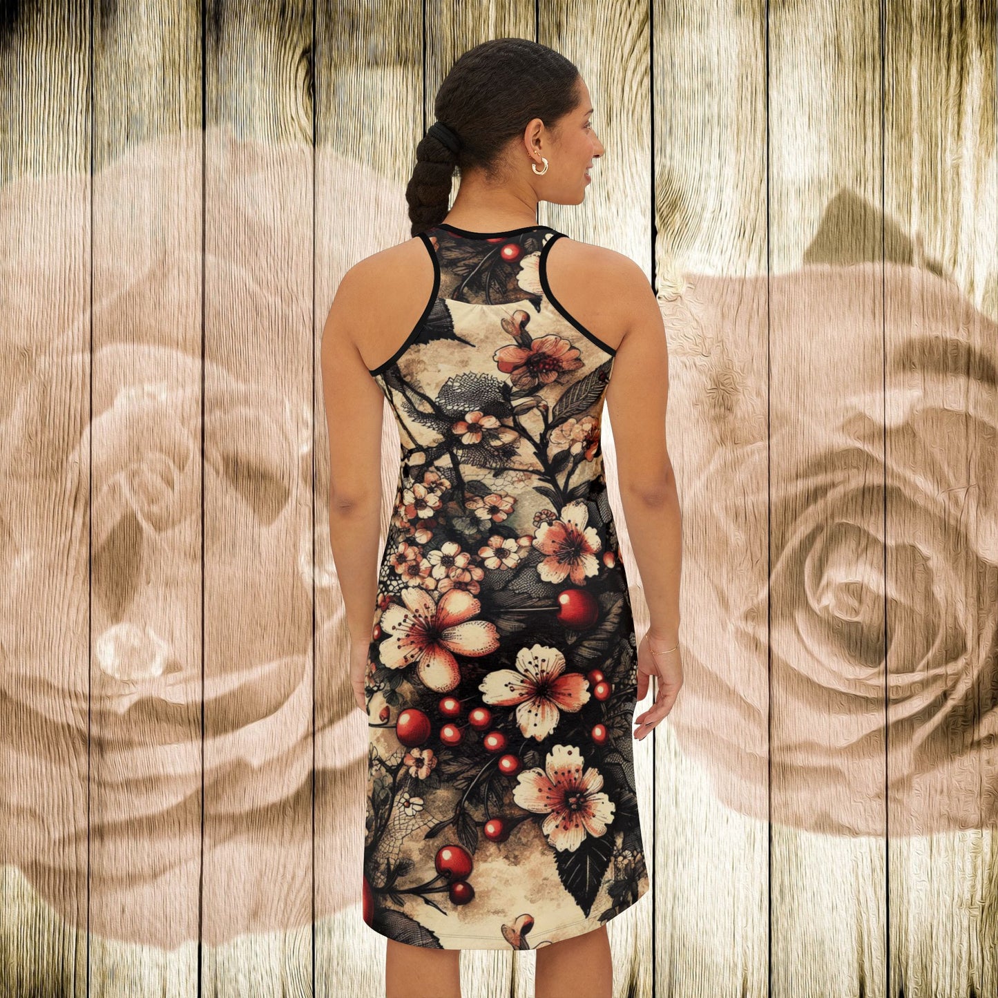 Racerback Dress - Blooms, Cherries, and Black Lace