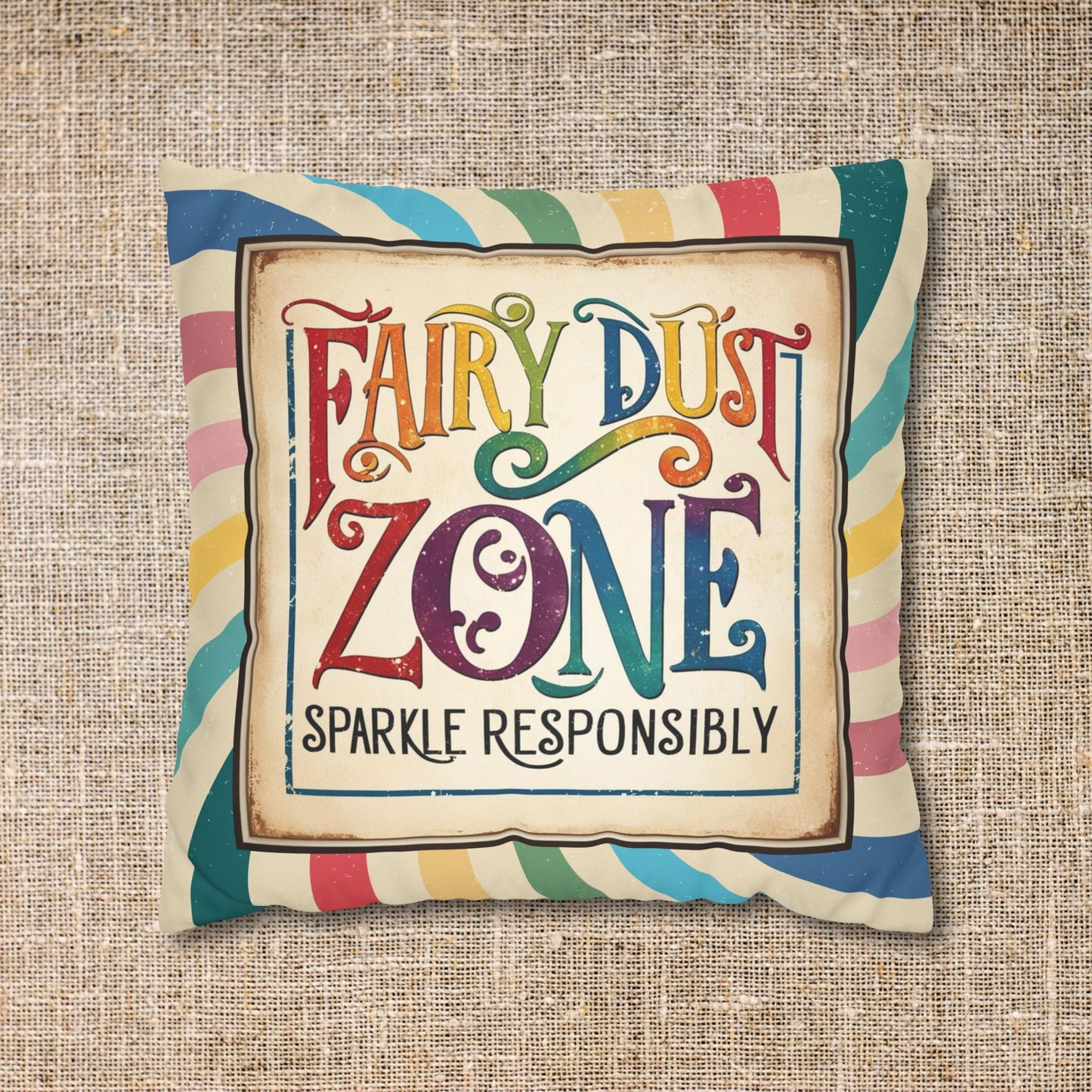 Faux Suede Pillowcase - "Fairy Dust Zone: Sparkle Responsibly" Text in a Whimsical Retro Vintage Rainbow Design