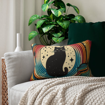 Lumbar Pillow - Black Kitty Retro Rainbow Swirl