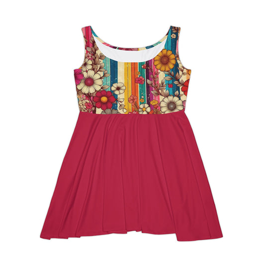 Skater Dress - 70s Style Bold Stripes and Wildflowers