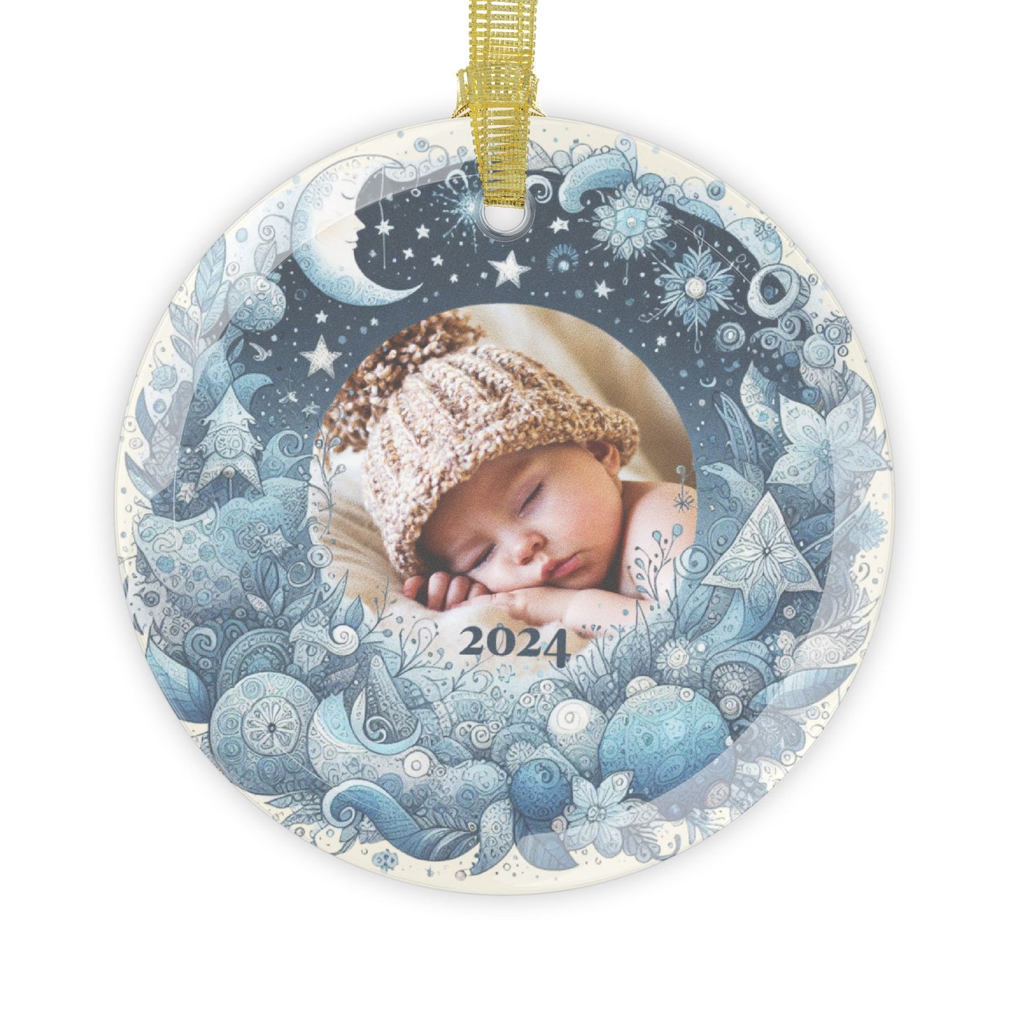 Sweet Winter Dreams Glass Christmas Ornament with Custom Photo and Year - Dreamy Blue Design, Great for Photos of Kids, Babies, Pets, Family