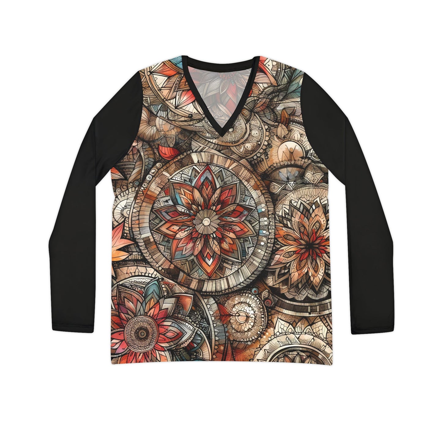 Vibrant Boho Autumn Floral Pattern - Women's Long Sleeve V-neck Shirt