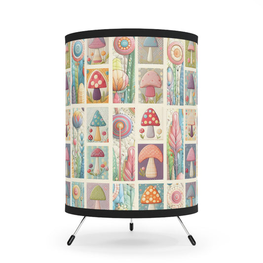 Tripod Table Lamp - Whimsical Mushroom and Flower Patchwork