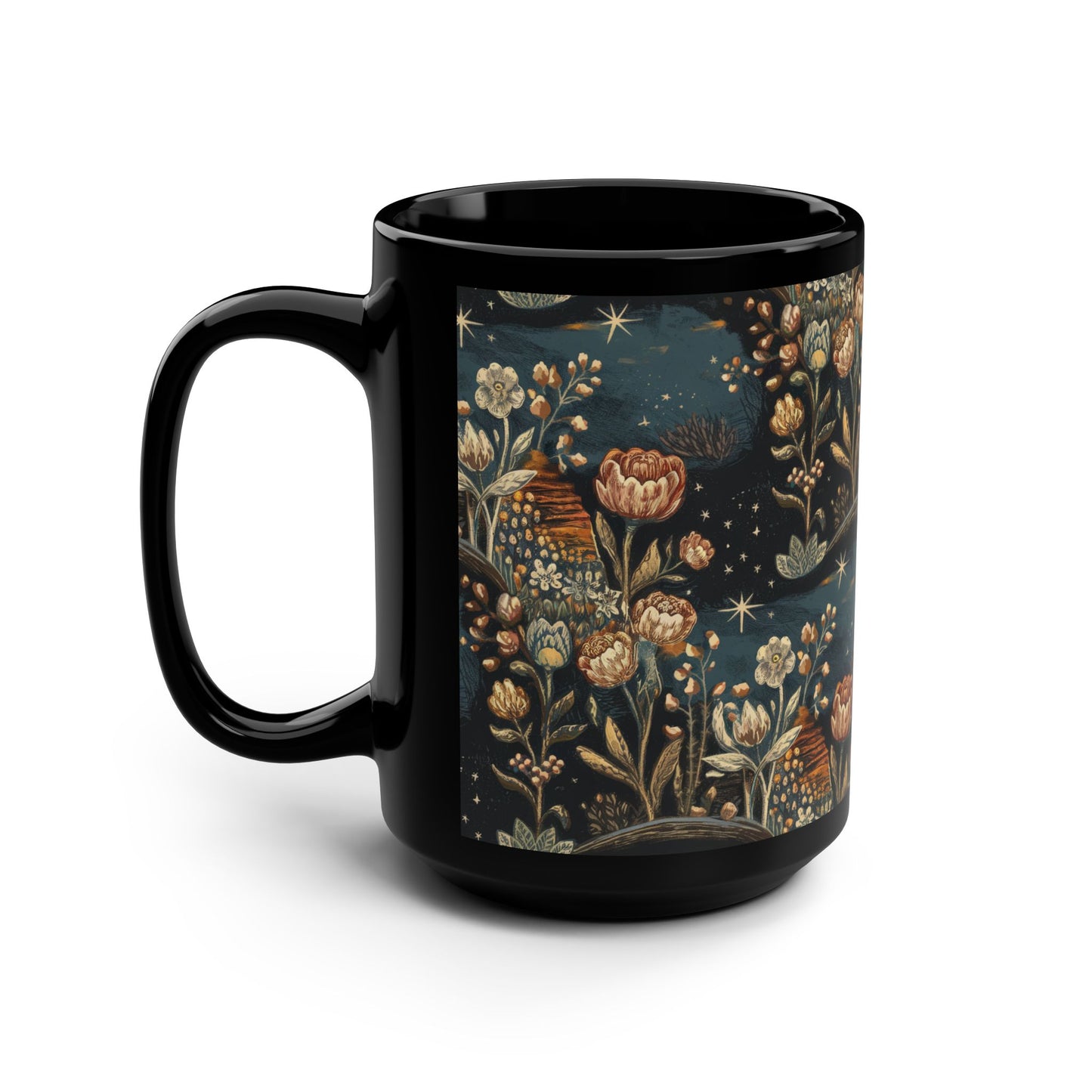 Floral Night Sky Mug, Cozy Coffee Cup, Gift for Nature Lovers, Boho Kitchen Decor, Tea Time Essential, 15oz Black Ceramic