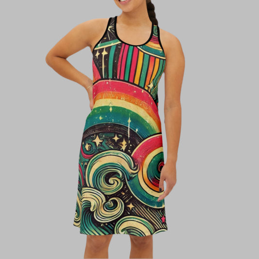 Racerback Dress - Bold Cosmic Rainbow Swirls & Stripes