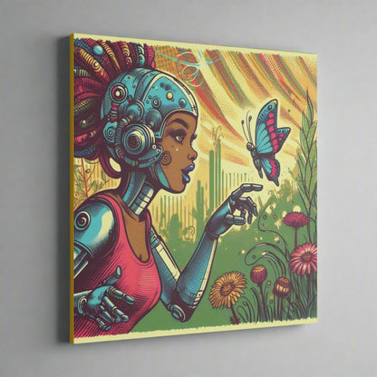 Canvas Print -  Retro-Futuristic Robot and Butterfly Scene, 80s Inspired Whimsical Graphic