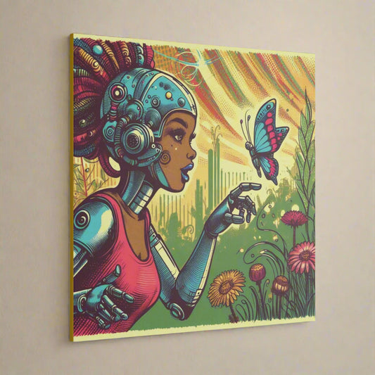 Canvas Print -  Retro-Futuristic Robot and Butterfly Scene, 80s Inspired Whimsical Graphic