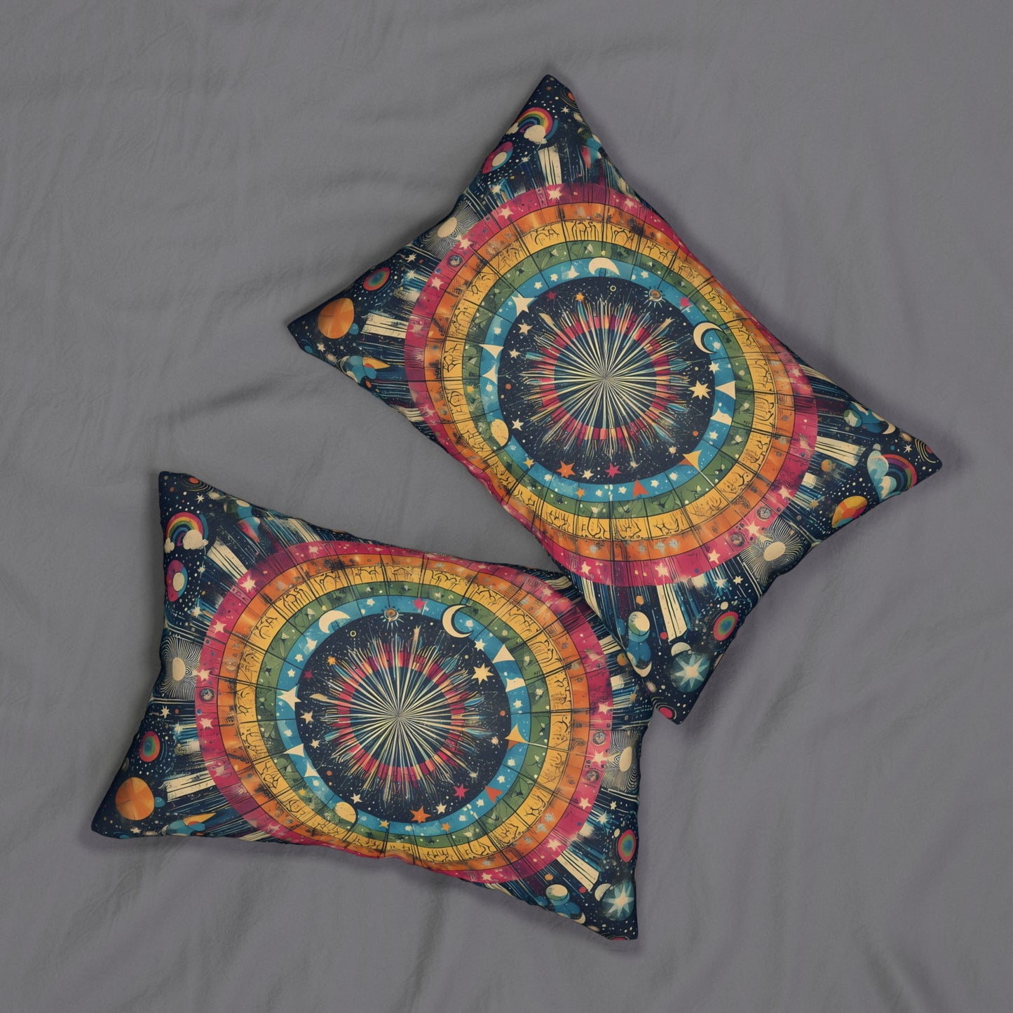 Lumbar Pillow - Cosmic Rainbow Circles, Celestial Statement Piece