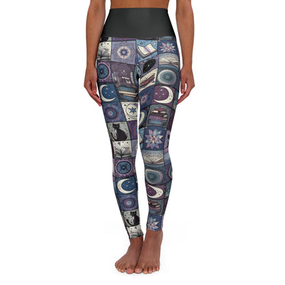 High Waisted 'Cats, Books, & Moons' Patchwork Yoga Leggings – Cute & Comfy Athleisure for Bookworm Feline Lovers