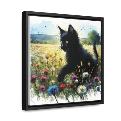 Black Cat Playing in Meadow Gallery-Wrapped Canvas - Cat Lover Gift, Decor for Child's Room or Nursery, Storybook Style Art