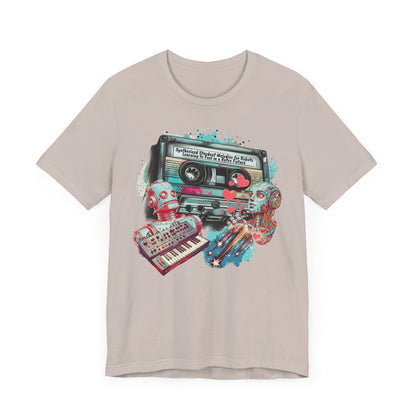 Mixtape T-Shirt - "Synthesized Stardust Melodies" Collage, Unisex Tee with Retro Cassette Tape Design, Great Gift for Music Lovers