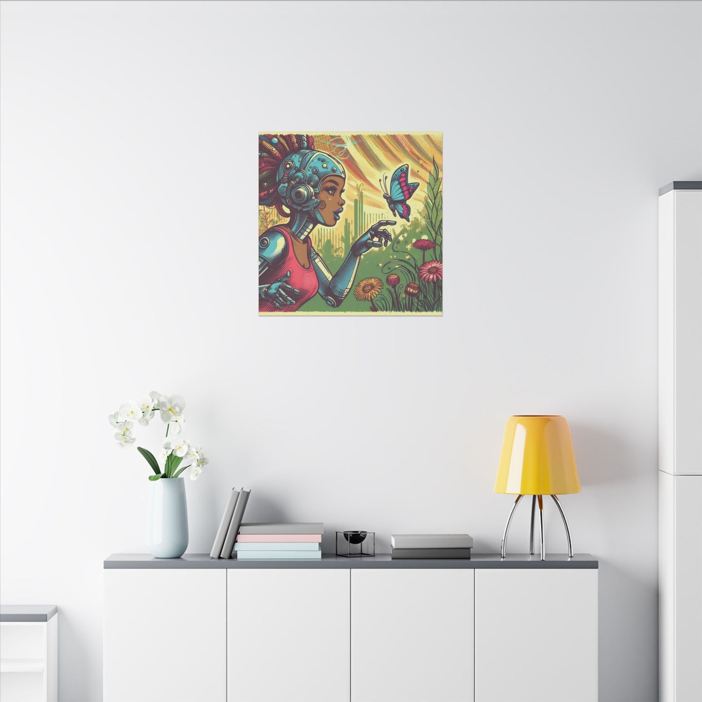 Canvas Print -  Retro-Futuristic Robot and Butterfly Scene, 80s Inspired Whimsical Graphic