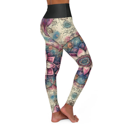 High Waisted Yoga Leggings - Boho Floral Mandala with Pink, Blue, and Cream, XS-2XL