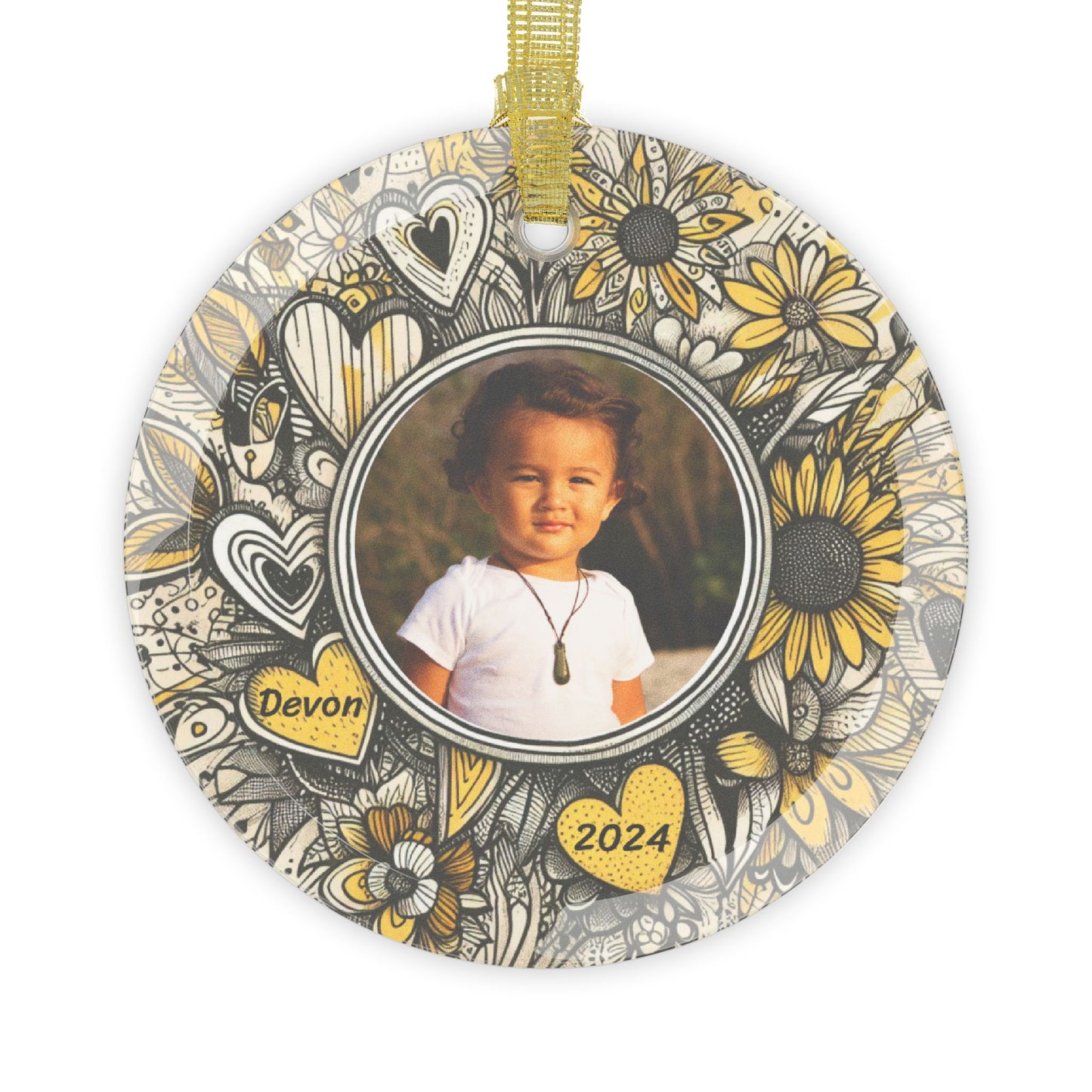 Personalized Glass Ornament - Custom Photo, Name, Year - Whimsical Floral Heart Sketch Yellow Black, Christmas Decoration, Holiday Gift