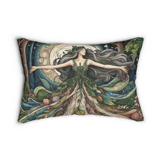Forest Goddess Lumbar Pillow, Nature Spirit Cushion, Dark Fairytale Home Decor, Mystical Earth Mother Throw Pillow 20x14