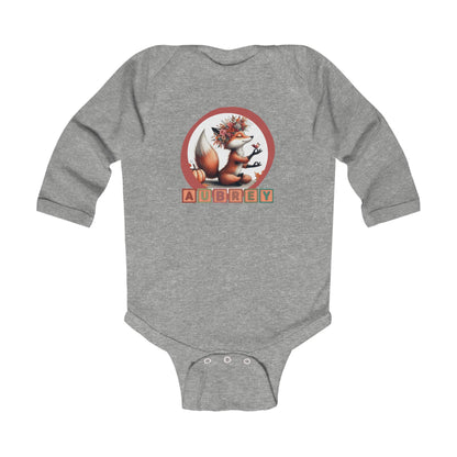 Personalized Baby Long Sleeve Bodysuit - Cute Whimsical Meditative Autumn Fox, Sizes Up to 18mo, Multiple Colors Available