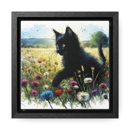 Black Cat Playing in Meadow Gallery-Wrapped Canvas - Cat Lover Gift, Decor for Child's Room or Nursery, Storybook Style Art