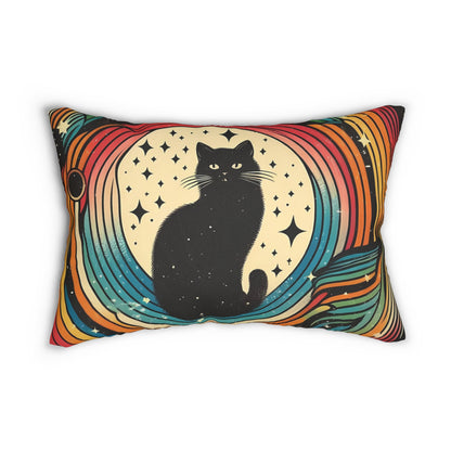 Lumbar Pillow - Black Kitty Retro Rainbow Swirl