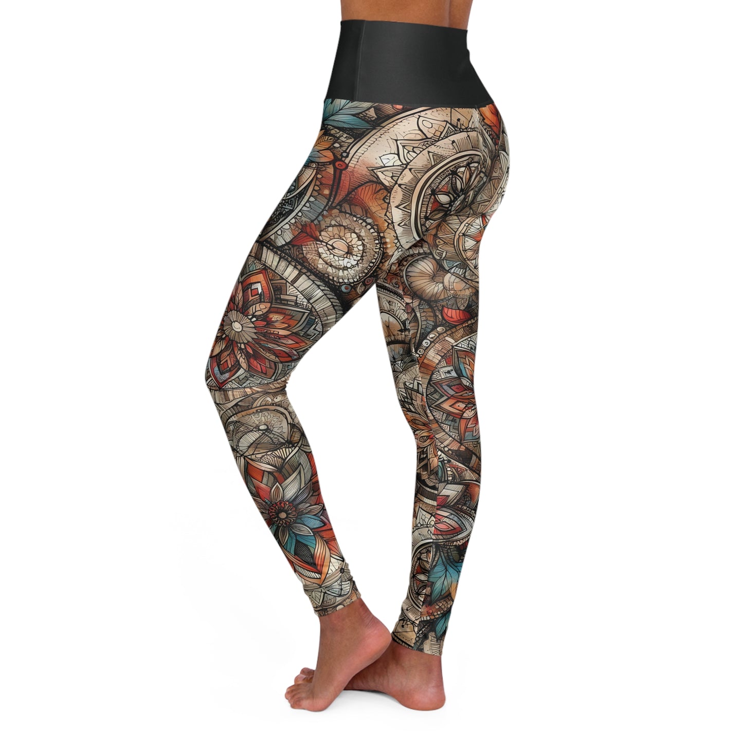 High Waisted Fall Yoga Leggings - Boho Floral Mandala, XS-2XL