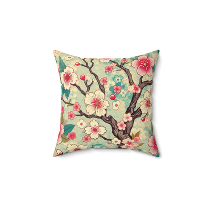 Retro Cherry Blossom Faux Suede Pillow - Bright Pink & Teal Decorative Throw Pillow - Soft Accent Pillow for Sofa, Bed, Lounge