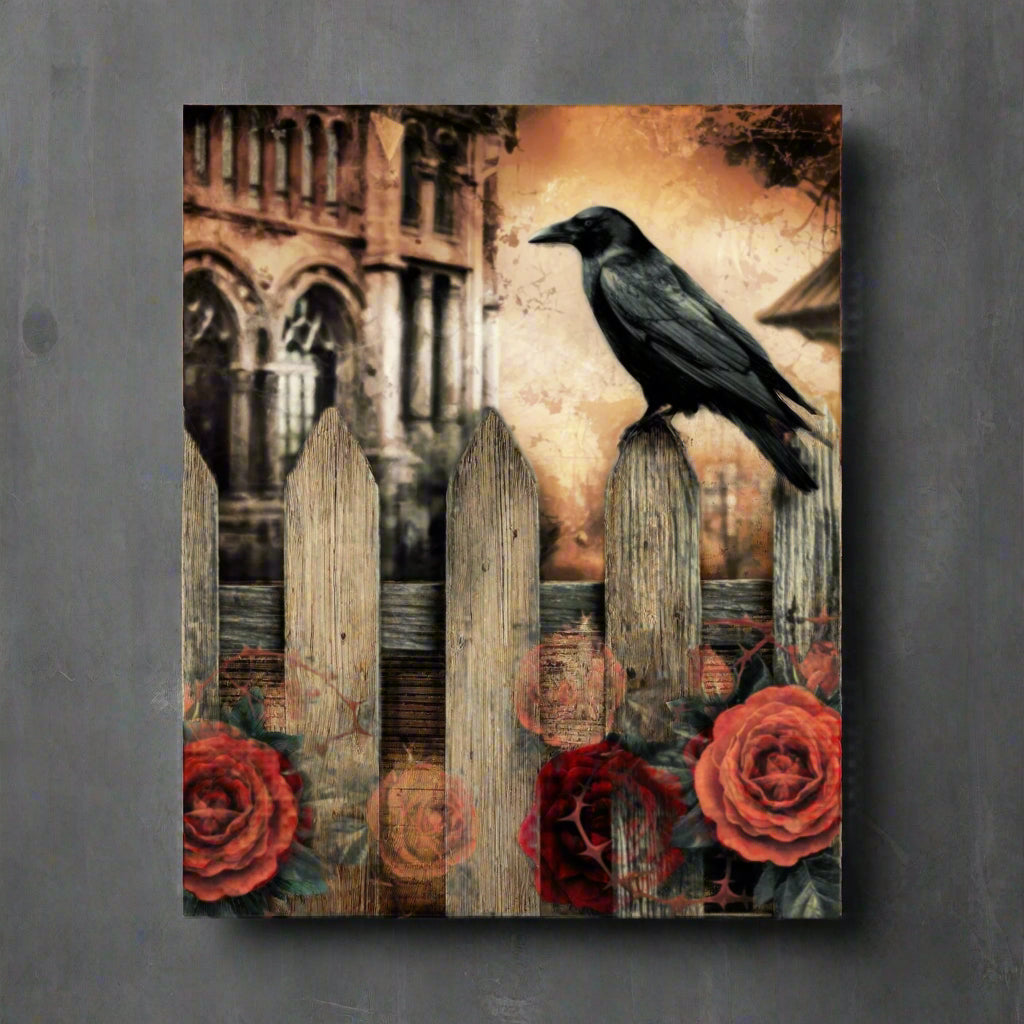 Gothic scene with a crow on a fence surrounded by red roses, vintage building in the background