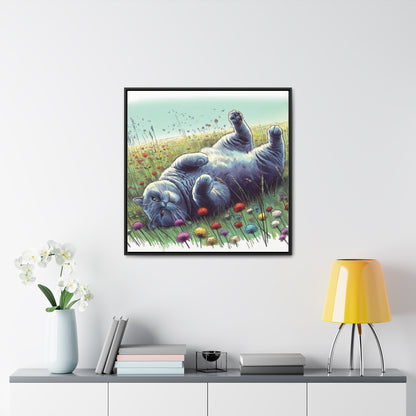 Gray Cat Lounging in Floral Field Gallery-Wrapped Canvas - Cat Lover Gift, Decor for Child's Room or Nursery, Storybook Style Art