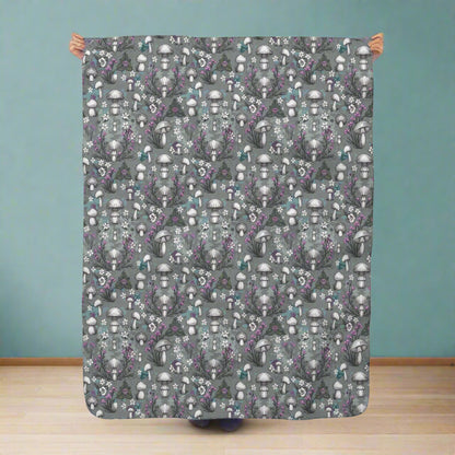 Sherpa Fleece Blanket -  Woodland Mushrooms & Purple Florals, Enchanted Cozy Cottagecore Vibes